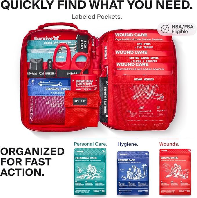 Small First Aid Kit for Car, Travel & Home - Emergency Kit for Hiking, Camping, Backpacking and Outdoors - Includes Zip Stitch Wound Closure Strips-StrideForce Fitness