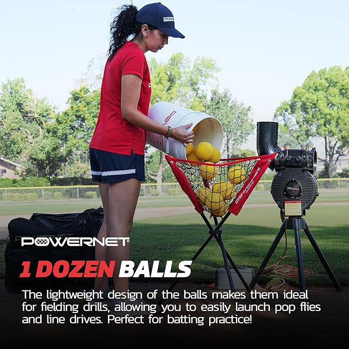 PowerNet Launch F-lite Softball & Baseball Pitching Machine, Dimpled Practice Balls, Bucket of Baseballs, Coaching Bucket Bundle for Pitching Machine, Baseball Training Equipment-StrideForce Fitness