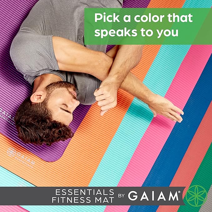 Gaiam Essentials Thick Yoga Mat Fitness & Exercise Mat with Easy-Cinch Yoga Mat Carrier Strap, 72"L x 24"W x 2/5 Inch Thick-StrideForce Fitness