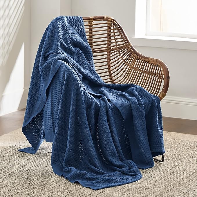 Bedsure 100% Cotton Large Throw Blanket for Couch 50x70 inches - Breathable and Soft, Waffle Weave Throw Blanket for Office, Navy-StrideForce Fitness