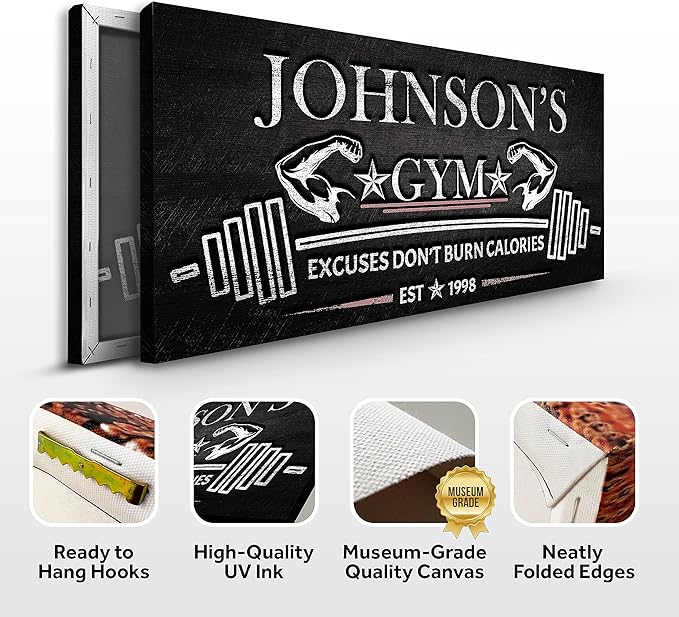 Tailored Canvases Personalized Gym Sign Wall Art Decor - Motivational Canvas for Home Gym, Workout Room, Garage, Fitness Center - Workout Inspirational Posters - Excuses Don't Burn Calories Dark, 48x24in-StrideForce Fitness