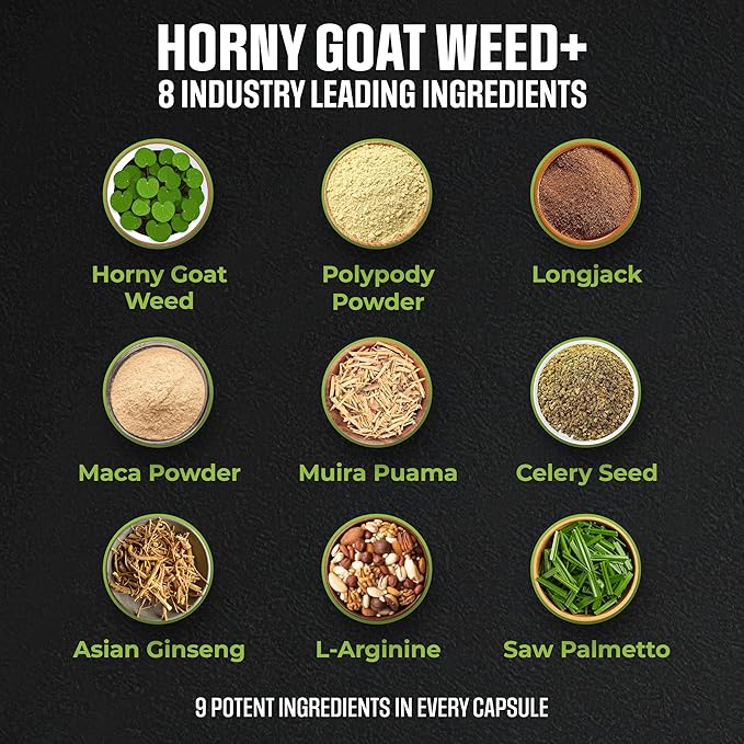 Male Horny Goat Weed PLUS 8 Ingredients - Performance Pills for Men w/ Fast Acting Blood Flow to Boost Energy, Gain Muscle, Assist Circulation | 9 Smart Ingredients | 3rd Party Tested - 60 Capsules-StrideForce Fitness