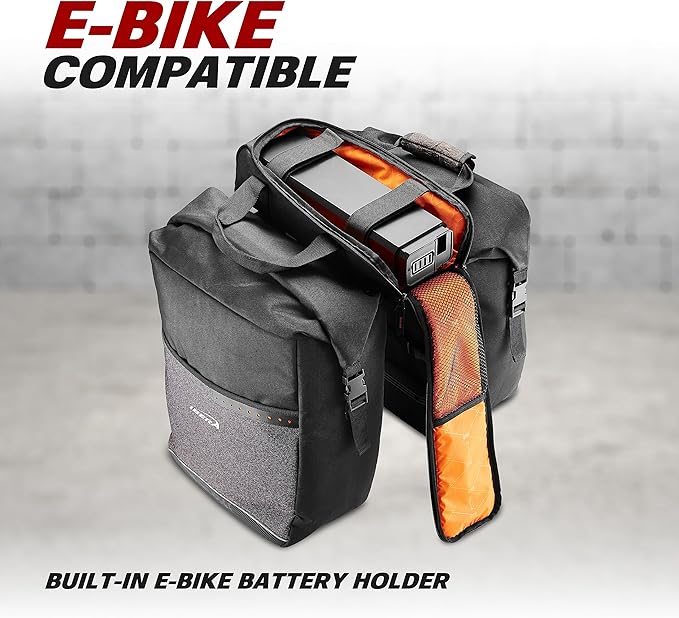 Ibera Bike Bag MIK Panniers 52.7L for Ebikes - Clip-On bike Bags For Bicycles with Built-in Battery Holder & Rain Cover - Water-Resistant Bike Rack Bag with Reflective Trim - ONLY FOR MIK RACKS-StrideForce Fitness
