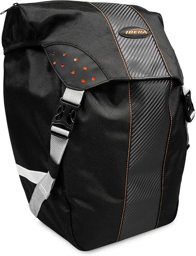 Ibera Bicycle Bag PakRak Clip-On Quick-Release All Weather Bike Panniers (Pair), Includes Rain Cover , Black-StrideForce Fitness