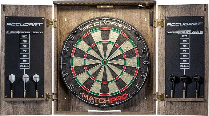 Accudart Match Pro Dartboard Cabinet Set - Official Size - Self Healing Sisal - Modern Style Woodgrain - Two Built-in Dartholders - LED Lighting - Includes Scoreboard, Chalk, Eraser, and Six Darts-StrideForce Fitness