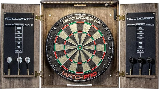 Accudart Match Pro Dartboard Cabinet Set - Official Size - Self Healing Sisal - Modern Style Woodgrain - Two Built-in Dartholders - LED Lighting - Includes Scoreboard, Chalk, Eraser, and Six Darts-StrideForce Fitness