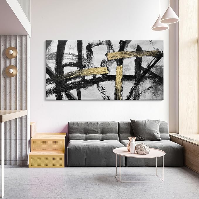 Abstract Living Room Wall Art - Large Black and White Gold Abstract Lines Bedroom Wall Decor Ink Dancing Canvas Prints Paintings for Dining Room Office Room Home Decor 29x58IN-StrideForce Fitness