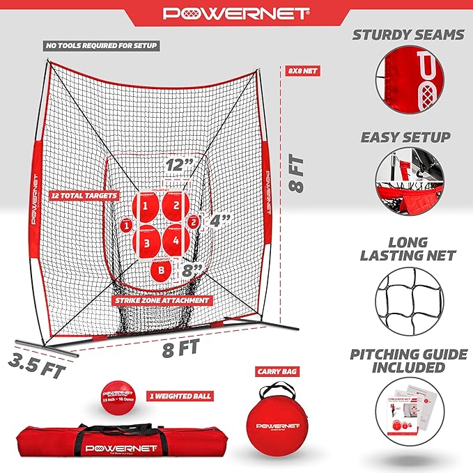 PowerNet Pitching Bundle, Baseball Net with Pitch Perfect Targets & Strike Zone Attachment, Weighted Ball, Softball Baseball Training Equipment to Increase Pitching Accuracy, 3 Net Sizes-StrideForce Fitness