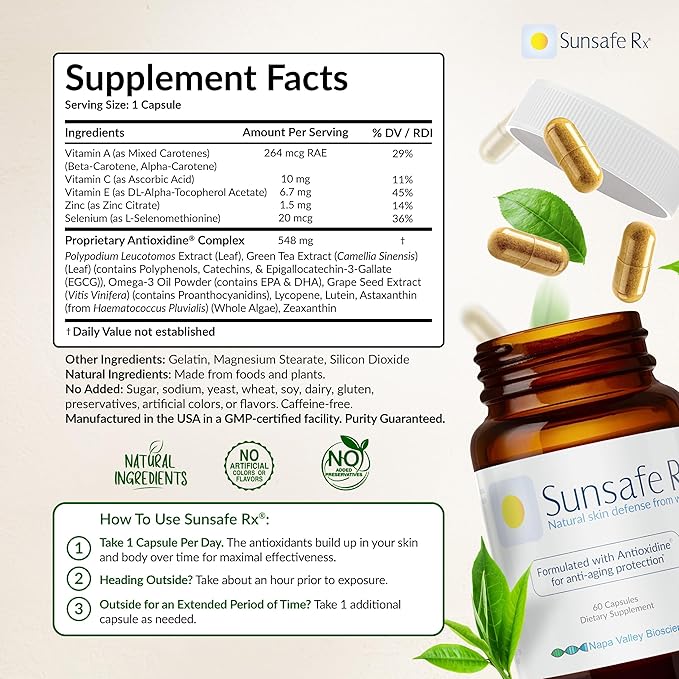 Sunsafe Rx Anti Aging Supplement: Natural Skin Protection Pills with Antioxidants for a Youthful Appearance & Eye Health + Vitamins, Minerals, & 250mg Polypodium Leucotomos (30 Capsules)-StrideForce Fitness
