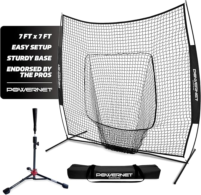 PowerNet Baseball Softball Practice Net 7x7 with Baseball Accessories for Practice Pitching, Batting & Fielding, Ball Caddy, Weighted Baseballs, Tee-StrideForce Fitness