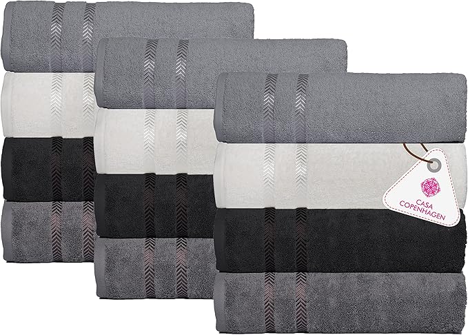 CASA COPENHAGEN Ember, 500 GSM, 16x28 Inches, Hand Towels, Set of 12 Towels, Super Soft and Absorbent, Egyptian Cotton Towels for Bathroom & Kitchen - Light Grey +White +Black +Dark Grey-StrideForce Fitness