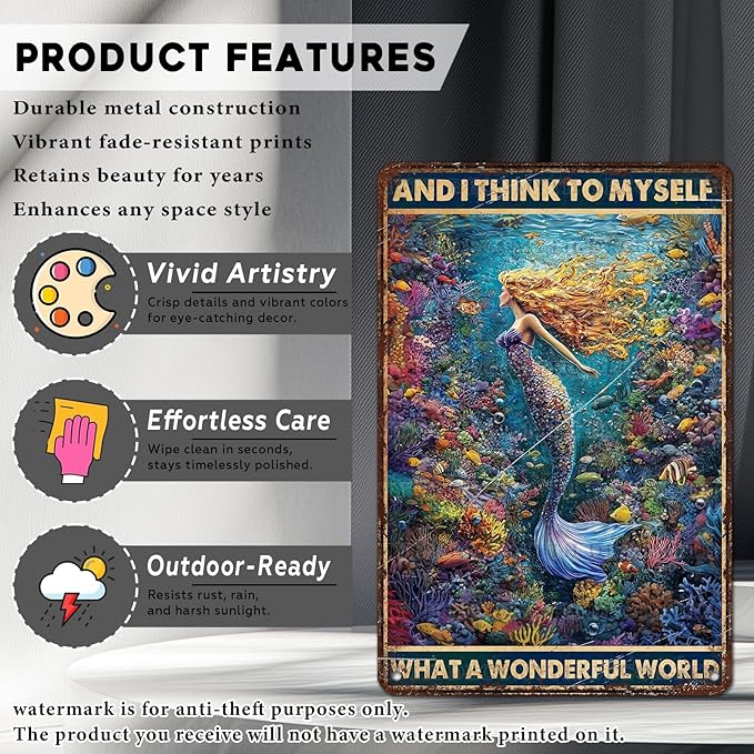 Retro Mermaid Tin Sign And I Think to Myself What a Wonderful World Vintage Metal Poster Funny Wall Art Toilet Bathroom Man Cave Bar Cafe Indoor Room Garage 12 * 8inch-StrideForce Fitness