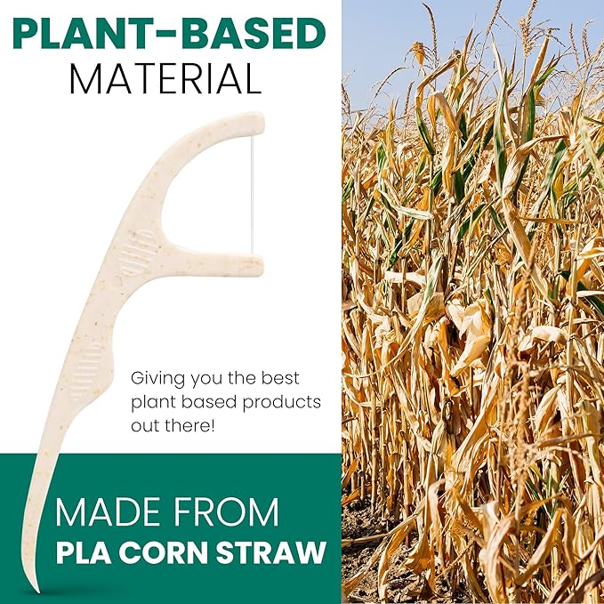 Biodegradable Dental Floss Picks for Teeth, 200 Count, Corn Straw Floss Picks, PFAS Free. Unflavored Flossers, Plant Based, Shred Resistant Floss for Adults & Kids