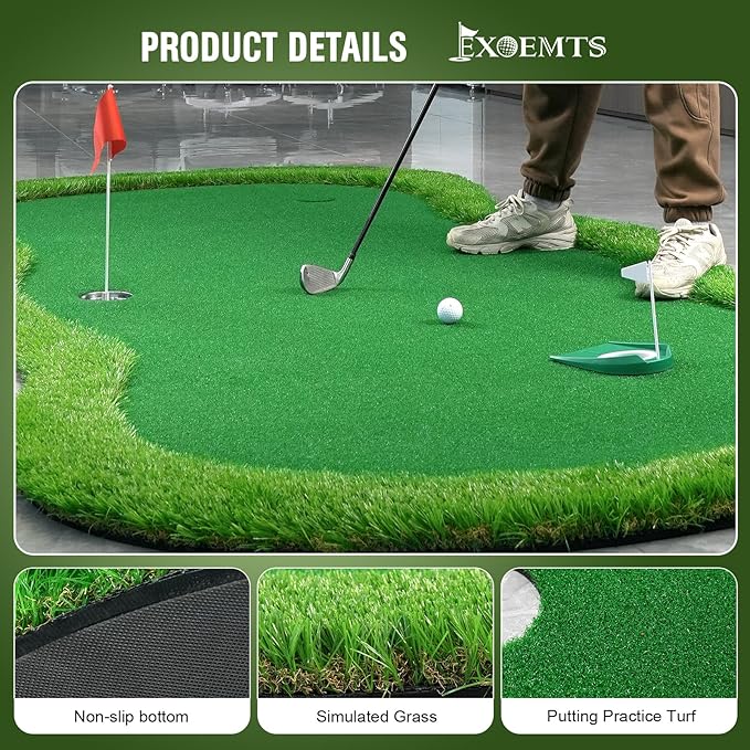 Thickened Realistic Golf Putting Green, 5 x 10ft Professional Golf Practice Training Mat for Indoor Outdoor, 3 Holes, Long Challenging Game Green Mat for Children with Training Aid Put Cup-StrideForce Fitness