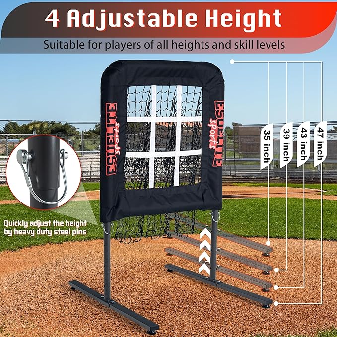 Heavy-Duty 9 Hole Pitching Net with Strike Zone, Baseball/Softball Pitching Target, Portable Height-Adjustable Pitcher Training Equipment, Includes 4 Ground Stakes and 2 Sandbags-StrideForce Fitness