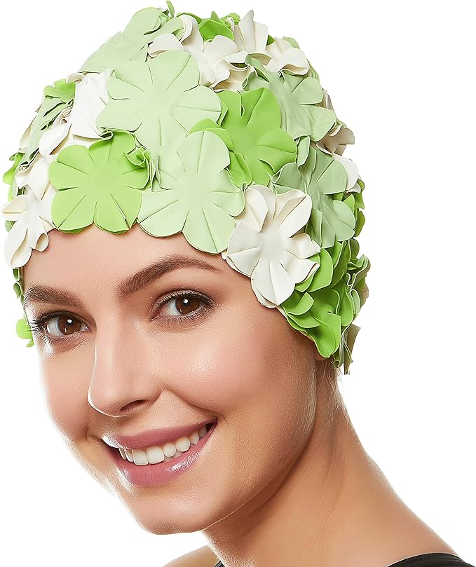 BEEMO Floral Petal Ladies Bathing Swim Cap Women Retro Swim Hat Long/Short Hair-StrideForce Fitness