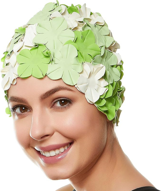 BEEMO Floral Petal Ladies Bathing Swim Cap Women Retro Swim Hat Long/Short Hair-StrideForce Fitness