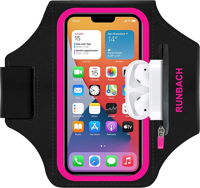 Armband for iPhone 16 Pro Max/16 Plus/15 Pro Max/15 Plus/14 Pro Max/13,12,11,Pro Max/Plus Models,Sport Armband with Zipper Slot for Airpods and Keys (Pink)-StrideForce Fitness