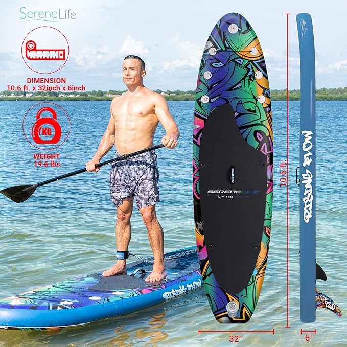 SereneLife Inflatable Stand Up Paddle Board with Premium SUP Accessories – Wide Stable Design with Non-Slip EVA Deck Pad for Adults and Youth of All Skill Levels-StrideForce Fitness
