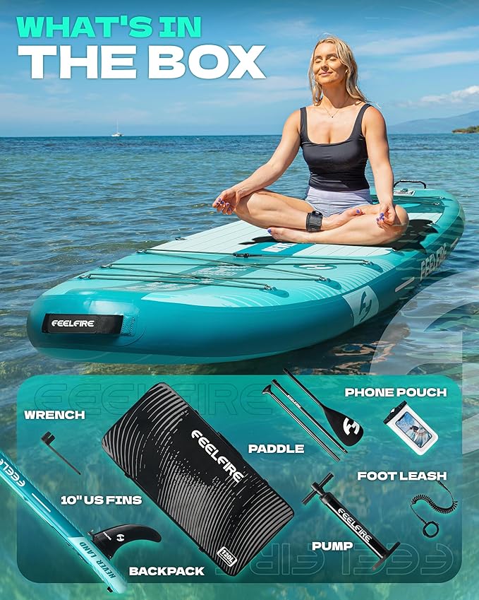 Feelfire11'x34” Extra Wide Inflatable Paddleboard, Stand-up Paddle Board for Adults, 420lb Capacity for Yoga/Fishing/Family, EVA Deck, US Fin, High-Pressure Pump, Storage Backpack, Safety Leash-StrideForce Fitness