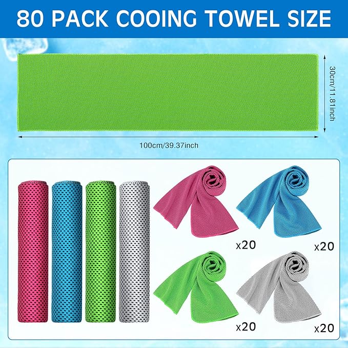 Shellwei 80 Pcs Cooling Towel Bulk 40 x 12 Inch Double Layer Microfiber Chilly Cold Towel for Neck Gym Yoga Running Workout Sports(Rose Red, Light Blue, Green, White)-StrideForce Fitness