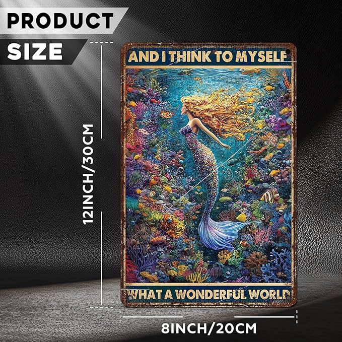 Retro Mermaid Tin Sign And I Think to Myself What a Wonderful World Vintage Metal Poster Funny Wall Art Toilet Bathroom Man Cave Bar Cafe Indoor Room Garage 12 * 8inch-StrideForce Fitness