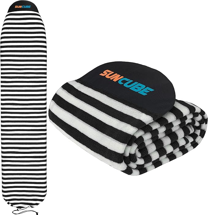 SUN CUBE Surfboard Sock Cover, Protective Surf Bag for Surfing Board, Light Stretchy Surfbag Sleeve for Longboard, Hybrid (8'6'', Black White)-StrideForce Fitness