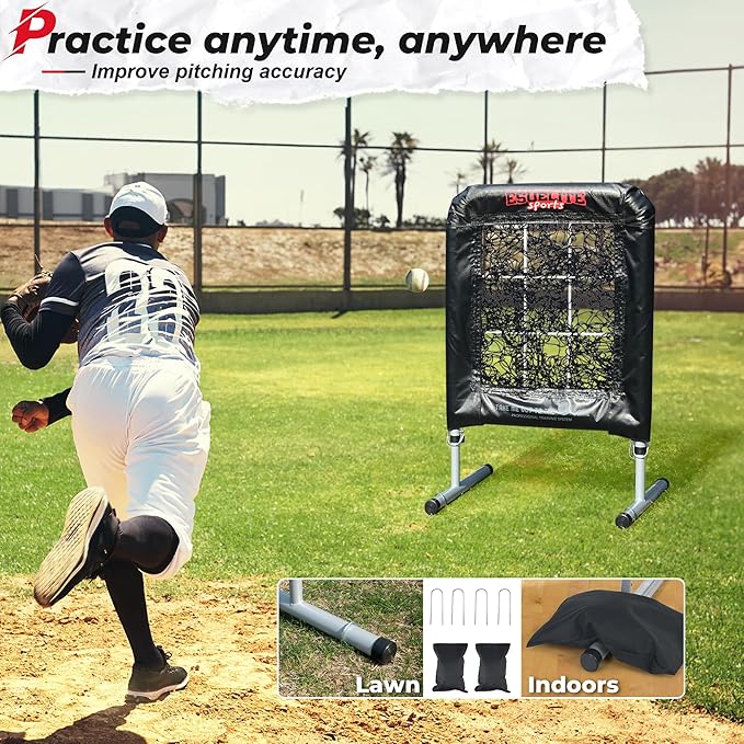 Heavy-Duty 9 Hole Pro Style Baseball & Softball Pitching Net with Strike Zone Target - Adjustable Portable Design for Training, Includes 4 Stakes & 2 Sandbags-StrideForce Fitness