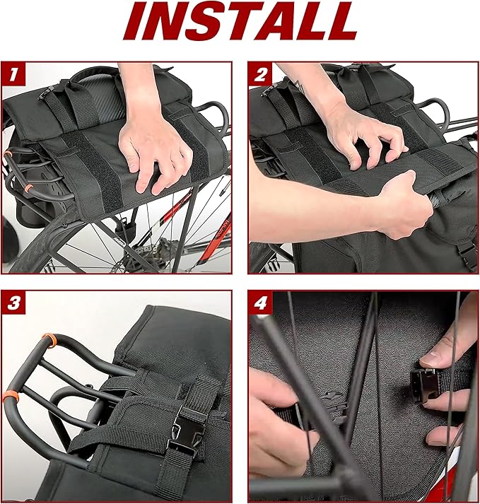 Ibera Adjustable Bicycle Bag (Pair) with Quick Release/Clip-On System - Water Resistant Bike Saddle Bags For Rear Rack with & 19.8 lbs Capacity Each - Saddle Bag Bicycle Fits Most Racks (Black)-StrideForce Fitness