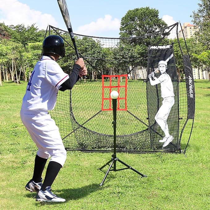 7'X7' Baseball Softball Practice Net,Pitching Net,Batting Net,with Baseball Tee,Bonus Strike Zone and Bow Frame,for Hitting,Pitching, Catching-StrideForce Fitness