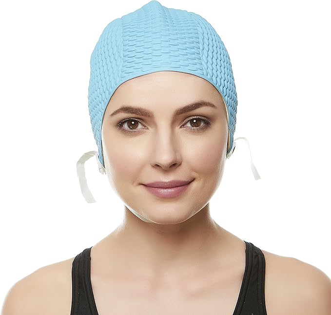 Beemo Swim Cap Women Chin Strap Bubble Crepe Latex Long Short Hair Swimming Caps-StrideForce Fitness