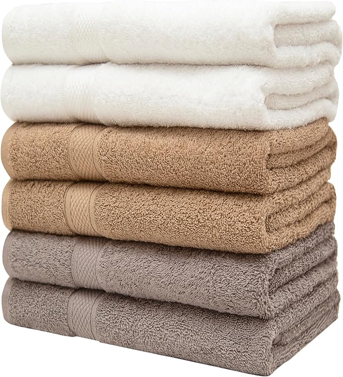 Pleasant Home Bath Towels Set of 6 (24” x 50”) 100% Cotton, 515 GSM | Soft & Absorbent Towels for Bathroom, Gym, Pool & Spa | Bulk Bath Towels 6 Pack - Neutral Mix-StrideForce Fitness