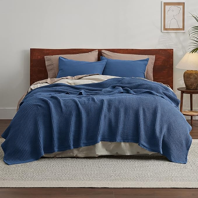 Bedsure 100% Cotton Blanket King Size for Bed - Breathable and Soft, Waffle Weave Blanket for Summer, Thick Cozy Fall Blankets for Women Gift, Navy, 104x90 inches-StrideForce Fitness