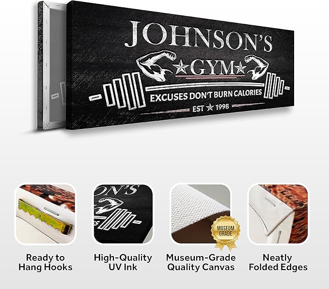 Tailored Canvases Personalized Gym Sign Wall Art Decor - Motivational Canvas for Home Gym, Workout Room, Garage, Fitness Center - Workout Inspirational Posters - Excuses Don't Burn Calories Dark, 48x16in-StrideForce Fitness