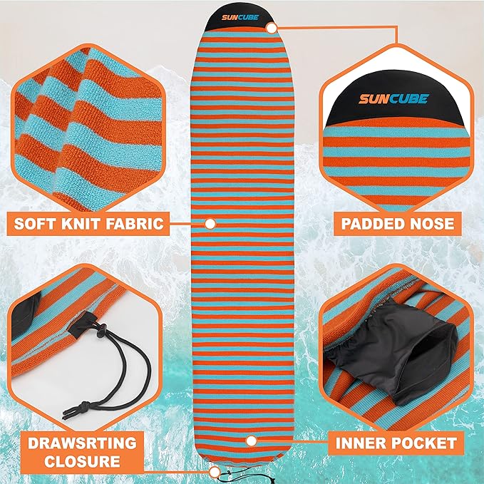 SUN CUBE Surfboard Sock Cover, Protective Surf Bag for Surfing Board, Light Stretchy Surfbag Sleeve for Longboard, Hybrid (8'6'', Black White)-StrideForce Fitness