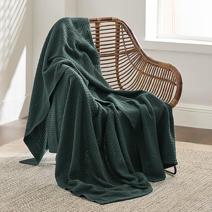 Bedsure 100% Cotton Blanket Twin XL Size for College Dorm - Breathable and Soft, Waffle Weave Twin Blanket for Summer, Dorm Room Essentials, Dark Green, 66x90 inches-StrideForce Fitness