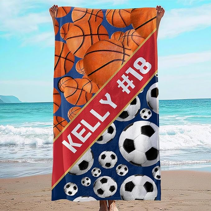 Personalized Beach Towel With Name, Custom Beach Towel with Text, Customized Basketball Football Microfiber Pool Towel, Quick Dry & Absorbent Swim Towel for Adult,Anniversary, Birthday, Summer Holiday-StrideForce Fitness
