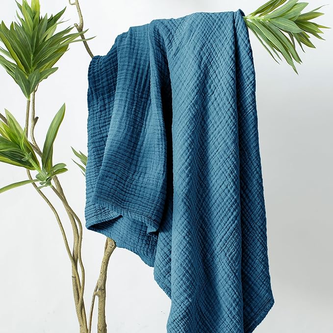 Carriediosa 100% Cotton Muslin Throw Blanket 108" X 90" King Size，4-Layers Summer Gauze Throws for Bed Couch，Soft Lightweight Breathable Linen Blankets Bedspread for Adults All Season，Dusty Blue-StrideForce Fitness