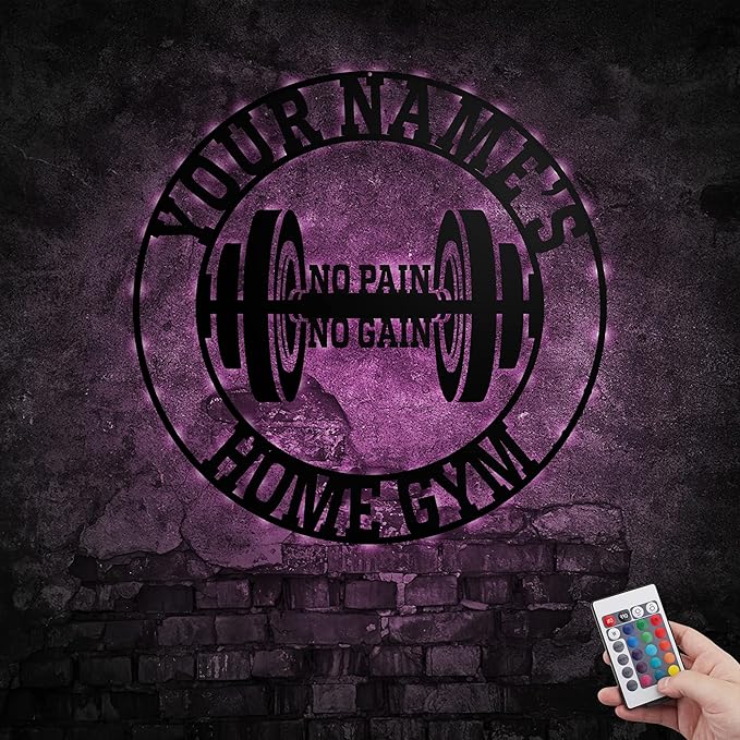 Personalized Home Gym LED Tin Metal Sign Multiple Sizes, Gym Sign Wall Decor, Exercise Workout Room Decor Fitness Center, Motivational Inspirational Hanging Wall Art Wall Plaque (03 w/lights)-StrideForce Fitness