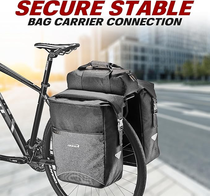 Ibera Bike Bag MIK Panniers 52.7L for Ebikes - Clip-On bike Bags For Bicycles with Built-in Battery Holder & Rain Cover - Water-Resistant Bike Rack Bag with Reflective Trim - ONLY FOR MIK RACKS-StrideForce Fitness