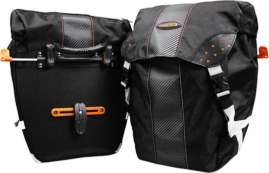 Ibera Bicycle Bag PakRak Clip-On Quick-Release All Weather Bike Panniers (Pair), Includes Rain Cover , Black-StrideForce Fitness