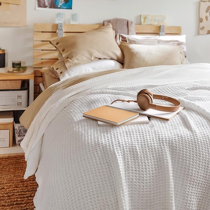 Bedsure 100% Cotton Blanket Twin XL Size for College Dorm - Breathable and Soft, Waffle Weave Twin Blanket for Summer, Dorm Room Essentials, White, 66x90 inches-StrideForce Fitness