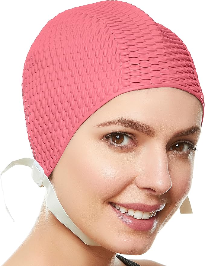 Beemo Swim Cap Women Chin Strap Bubble Crepe Latex Long Short Hair Swimming Caps-StrideForce Fitness