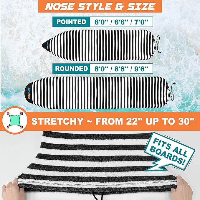 SUN CUBE Surfboard Sock Cover, Protective Surf Bag for Surfing Board, Light Stretchy Surfbag Sleeve for Longboard, Hybrid (8'6'', Black White)-StrideForce Fitness