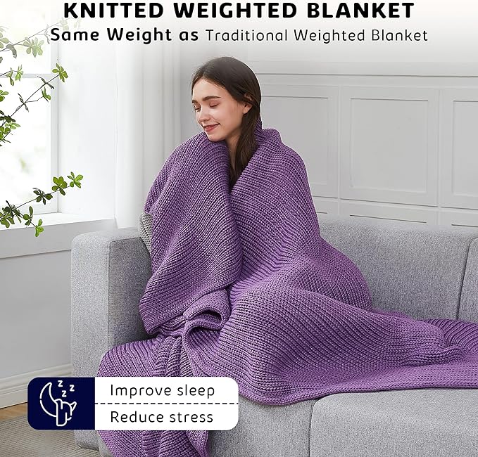 L'AGRATY Knitted Weighted Blanket - 50''x60'' 7lbs Cooling Chunky Knit Heavy for Adults Braided Crochet Throw Thick Cable Yarn Decorative No Beads Evenly Machine Washable, K - Purple (Knitted)-StrideForce Fitness