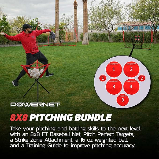 PowerNet Pitching Bundle, Baseball Net with Pitch Perfect Targets & Strike Zone Attachment, Weighted Ball, Softball Baseball Training Equipment to Increase Pitching Accuracy, 3 Net Sizes-StrideForce Fitness