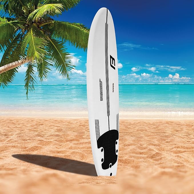 FLOWBOARD Surfboard Softboard Foam - Include (3) Fins 6’ Foot Leash and (2) Wood Stringers Inside Board Availalable in 6' and 7' Short Board and 8' Longboard-StrideForce Fitness