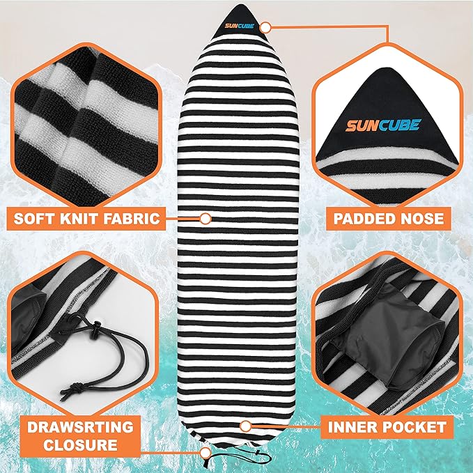 SUN CUBE Surfboard Sock Cover, Protective Surf Bag for Surfing Board, Light Stretchy Surfbag Sleeve for Longboard, Hybrid (8'6'', Black White)-StrideForce Fitness