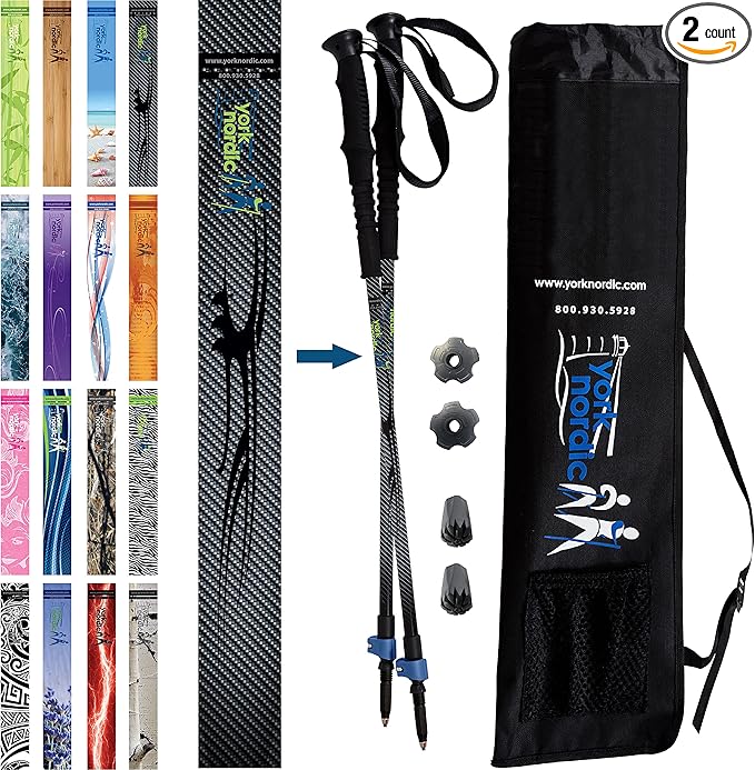 York Nordic Hiking & Walking Poles - Cushion Foam Grips w/Nordic Strap - Lightweight, Adjustable, and Great for Balance -2 Pieces w/Flip Locks, and Travel Bag - Heights 5'4"-6'2"-StrideForce Fitness