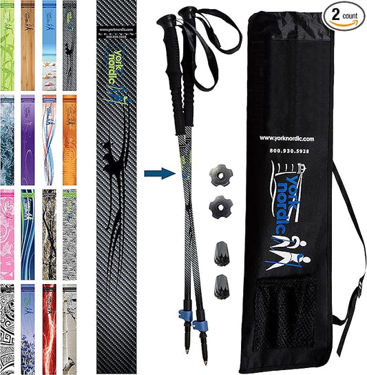 York Nordic Hiking & Walking Poles - Cushion Foam Grips w/Nordic Strap - Lightweight, Adjustable, and Great for Balance -2 Pieces w/Flip Locks, and Travel Bag - Heights 5'4"-6'2"-StrideForce Fitness